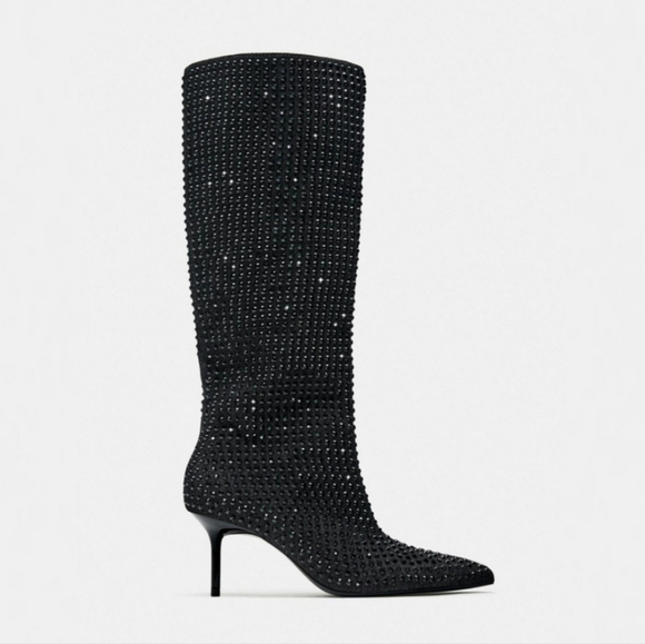 Zara NWT Pointed Toe Rhinestone heeled knee high boots - Picture 5 of 12